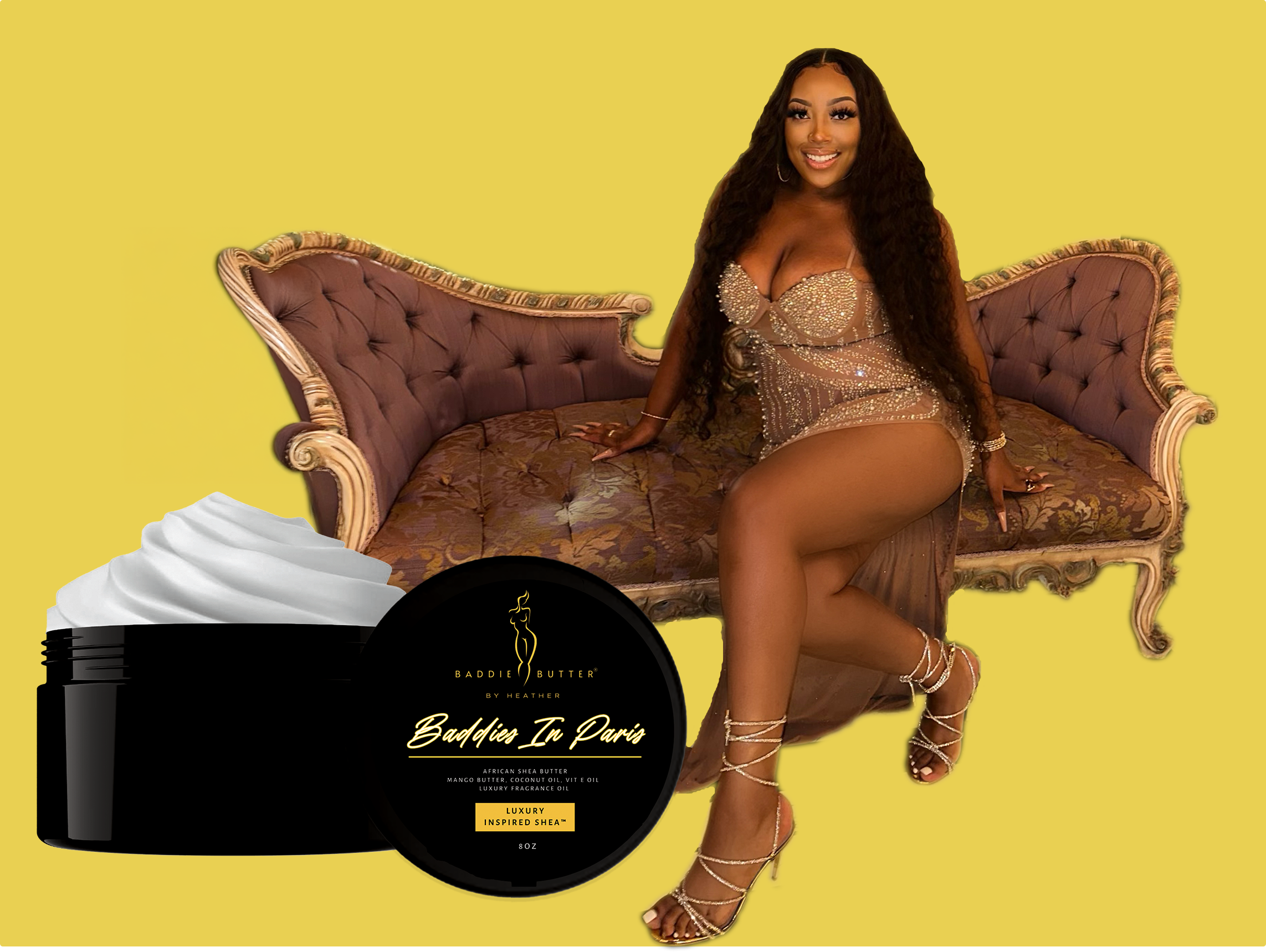A dark skin woman sitting on a couch with a big opened jar of whipped lotion and a Baddie Butter by Heather logo, on a yellow background.